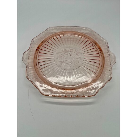 Vtg Pink Depression Glass Cake Plate Anchor Hocking Mayfair Open Rose Floral Des - Picture 4 of 4
